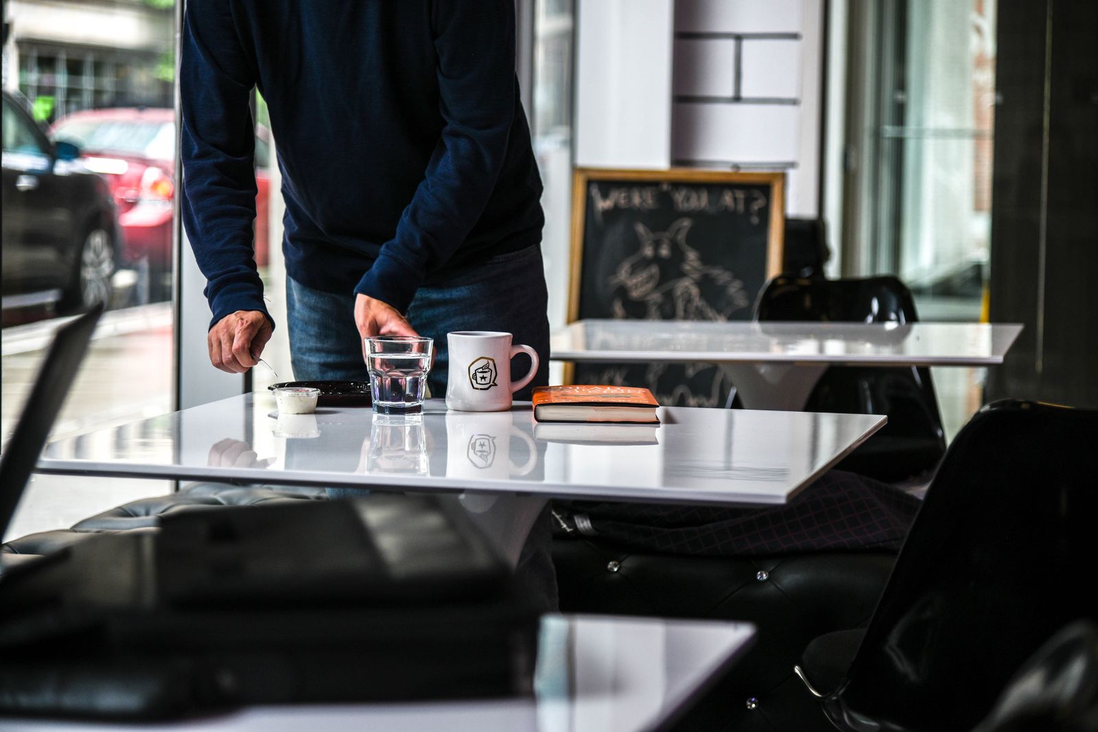 A business lunch at a restaurant table during a client visit