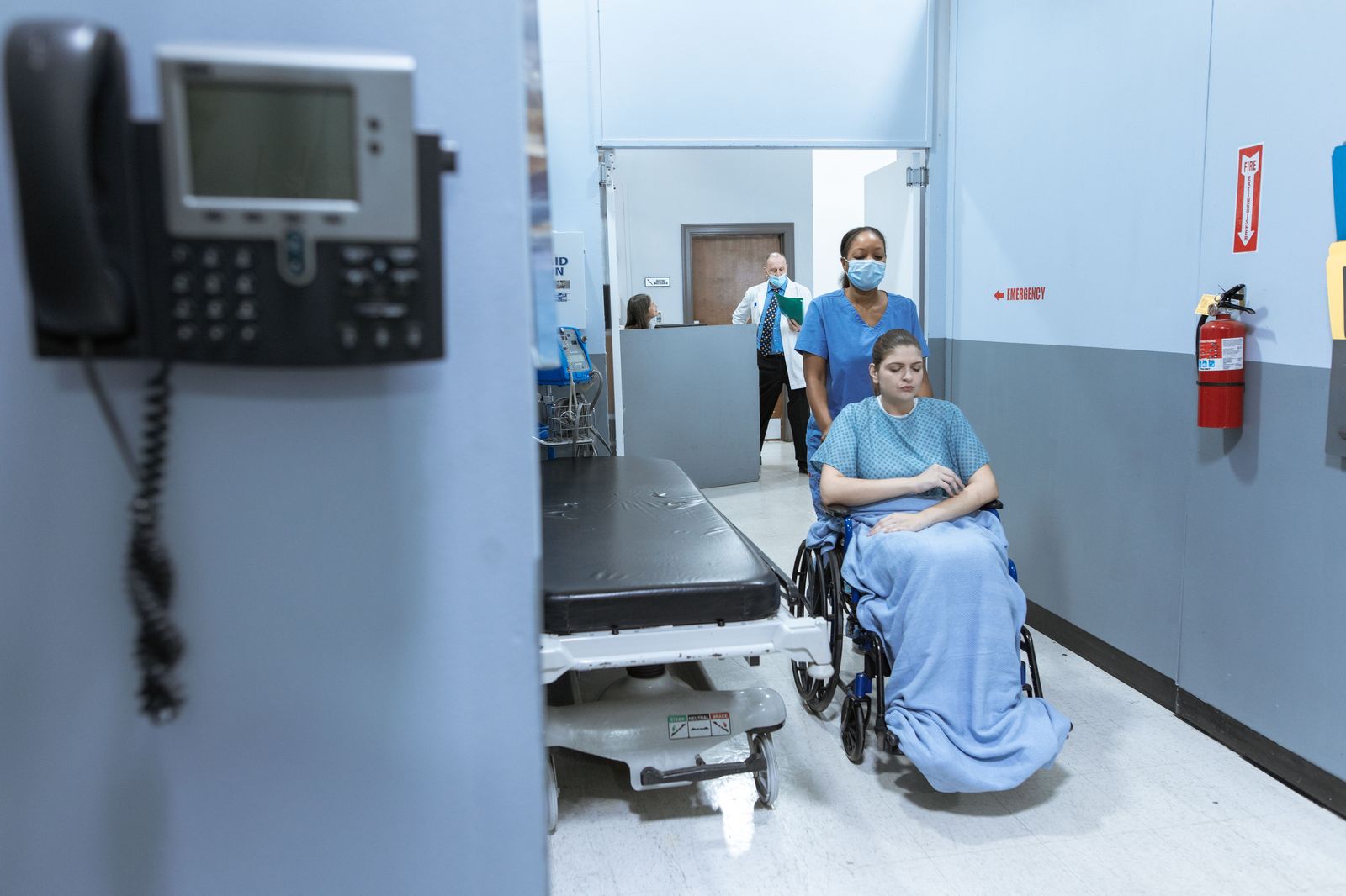 A hospital corridor near the discharge area where patients wait for their ride home