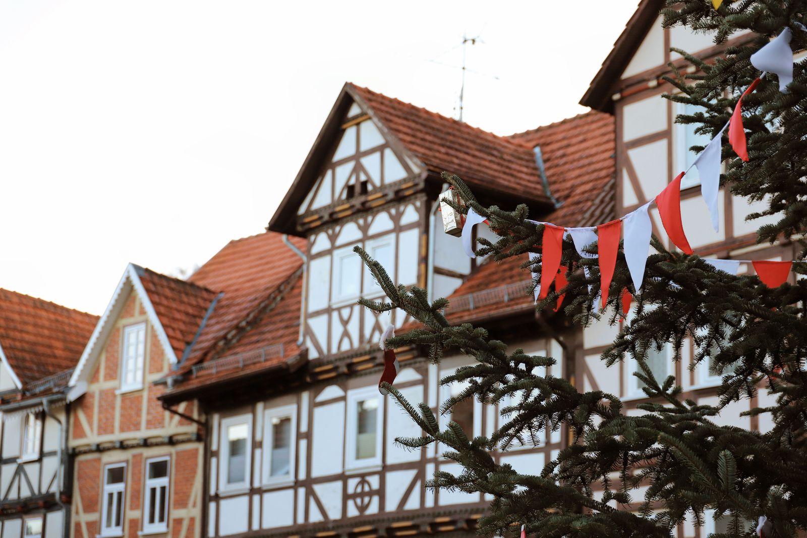 A historic house dressed with Christmas garlands and candles for the holiday season