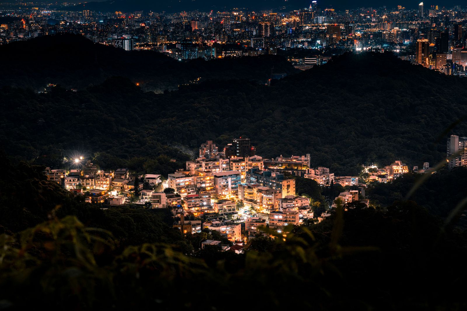 City lights seen at night from a lookout on the escarpment above Hamilton
