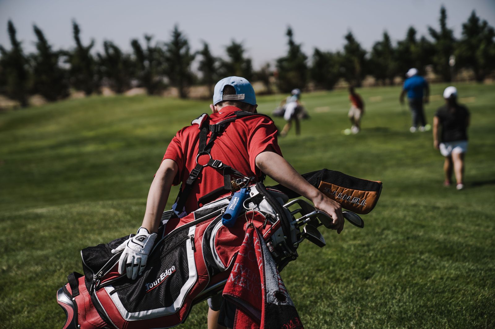 Golf bags loaded in the rear of a vehicle before a round