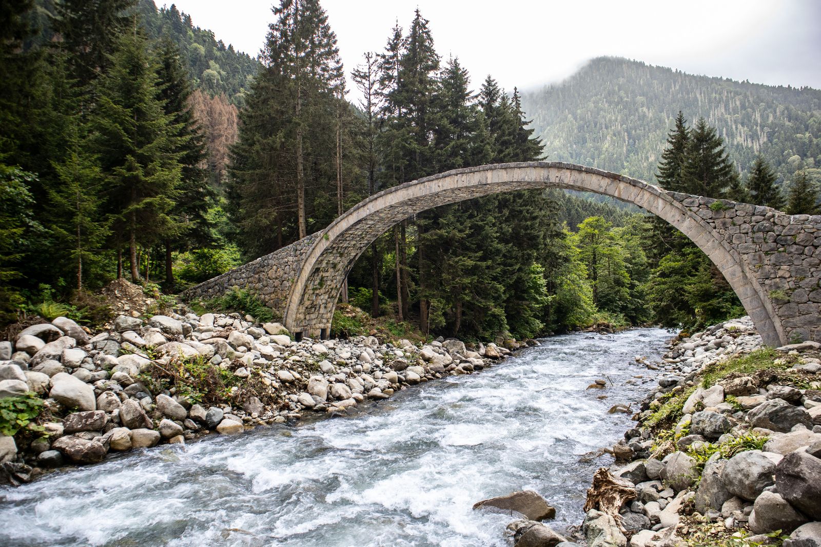An arched international bridge over a wide river
