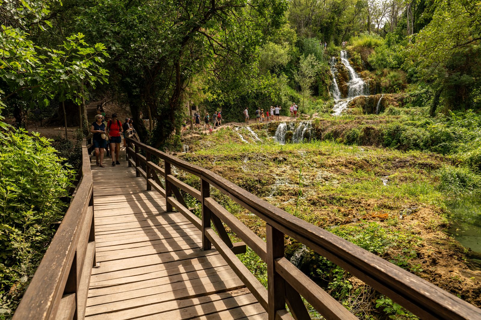 Pedestrians walk the Rainbow Bridge sidewalk with a view of the falls and the gorge