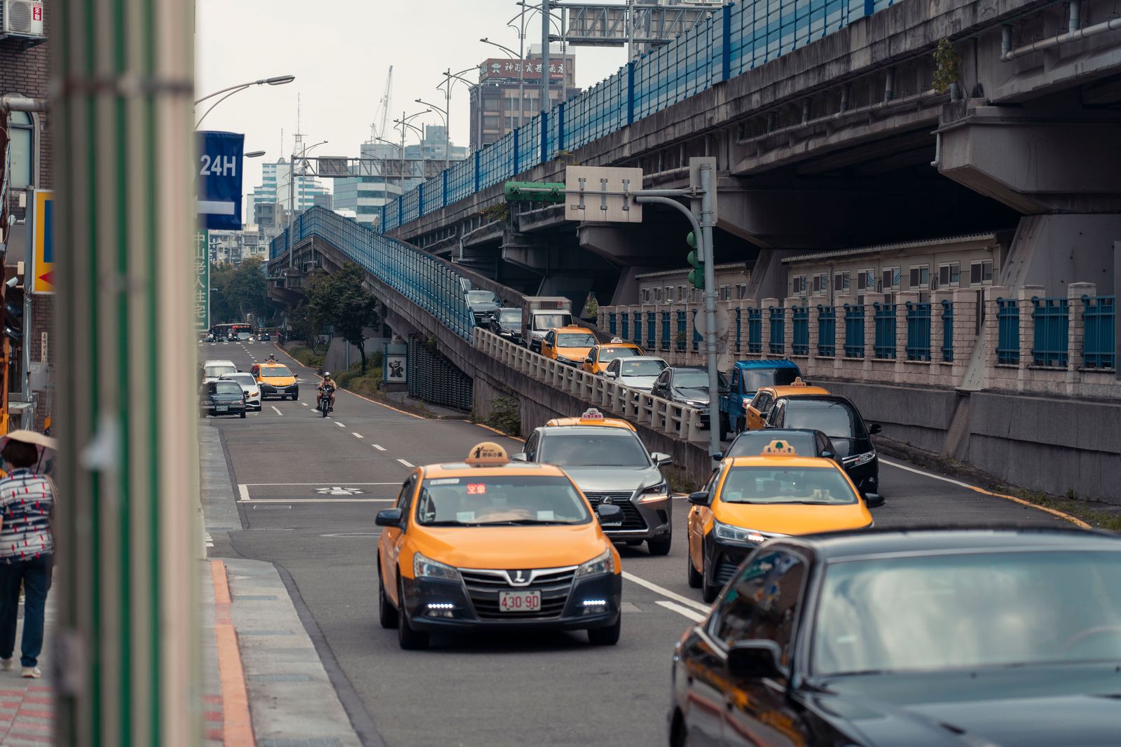 A queue of taxis waiting at an airport taxi rank