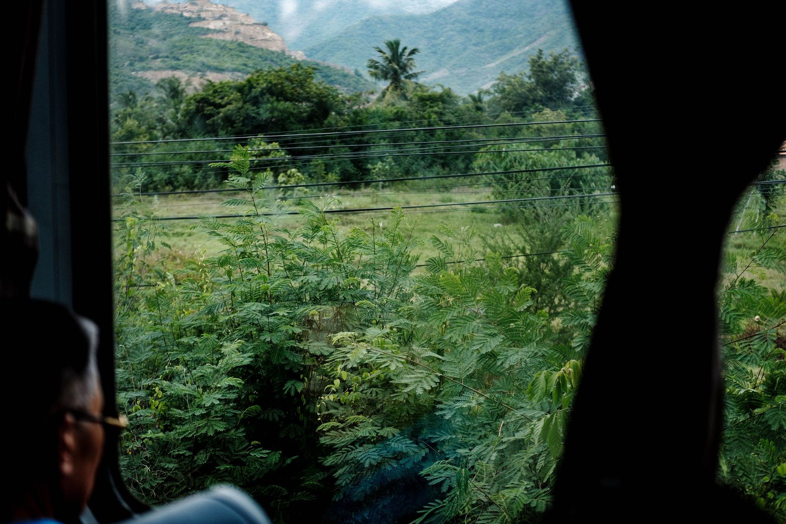 A passenger looking out of a train window at farmland rolling past