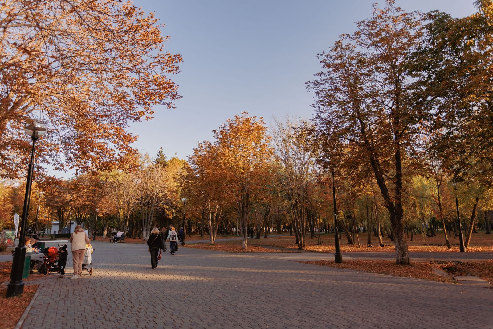 A family walking along a park path under autumn trees toward a waterfall viewpoint