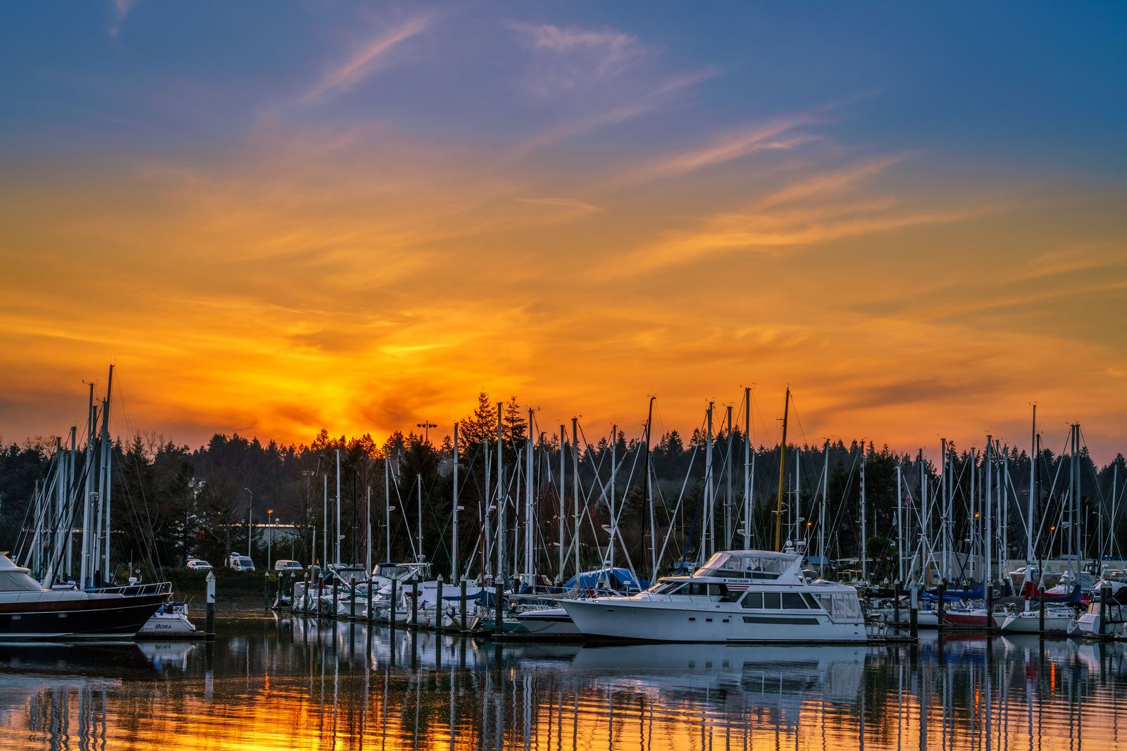 Boats moored in a harbour marina near a Hamilton waterfront station at sunset