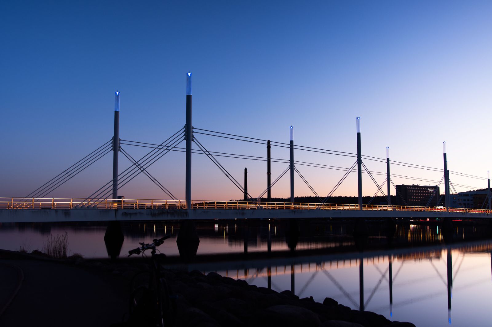 The Burlington Bay James N. Allan Skyway carrying the QEW between Hamilton and Burlington at dusk.