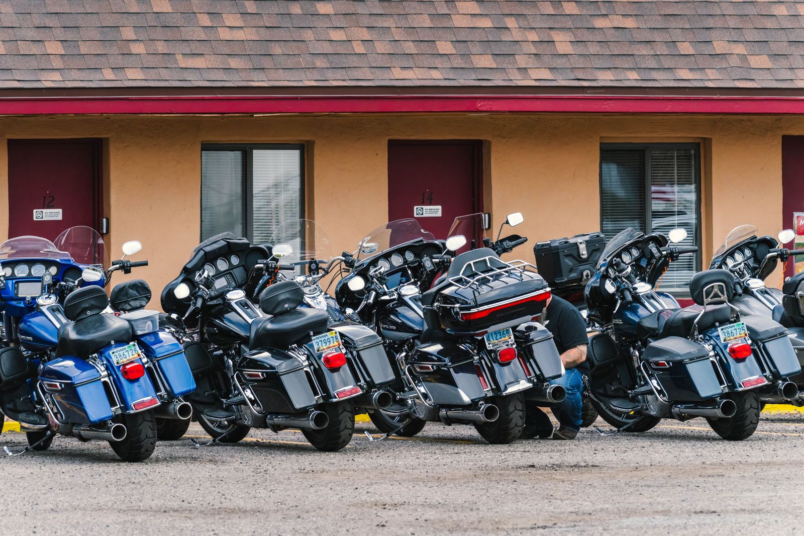 Motorcycles lined up on a small-town main street, the scene every Friday the 13th in Port Dover.