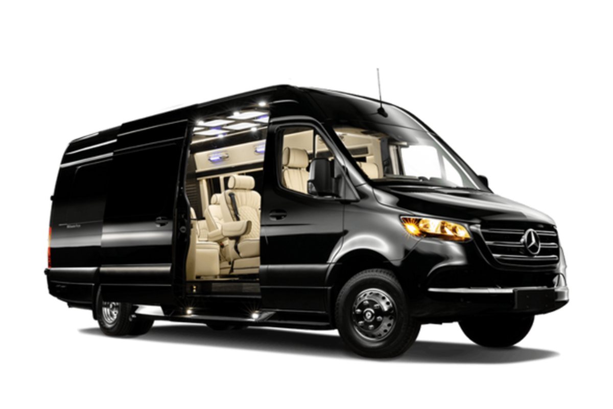 A Jet Sprinter executive shuttle from the HamiltonLimo.net fleet, with lounge seating for a team or a wedding party