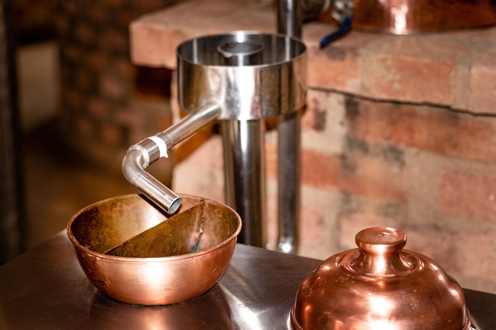 Copper pot stills in a small-batch craft distillery